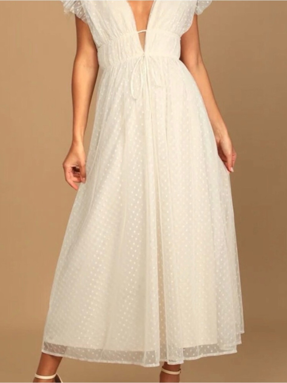 Lulu’s Yours Evermore Cream Swiss Dot Midi or Maxi Dress